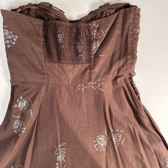 Odille STRAPLESS DRESS 100% Cotton in Mocha Brown with Blue Flowers - Picture 9 of 15